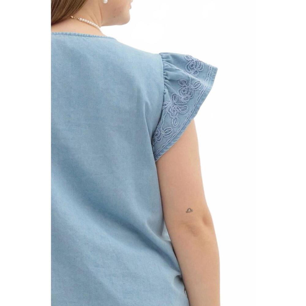 NEW ENTRO solid split neck flutter sleeve top - p… - image 6